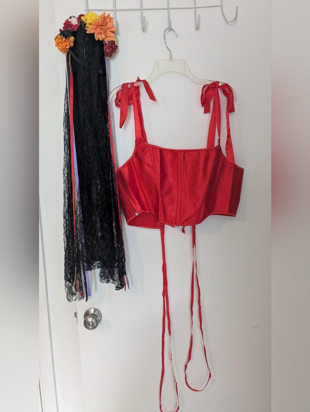 Red Satin Tie-Shoulder Corset Top With Headband